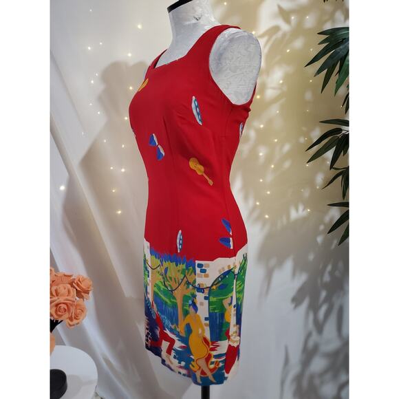 CDC Petites Vtg 90s Salsa Dancing Scene Square Neck Sheath Dress Size 4 Music - Picture 2 of 10